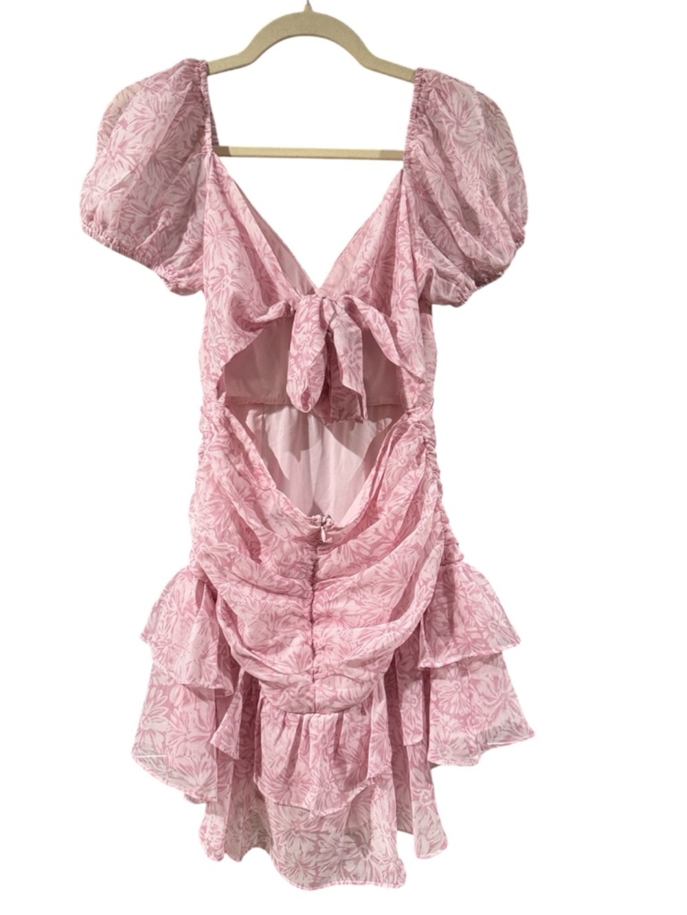 Hello Molly Pink Floral Mini Dress Puff Sleeve Ruffle Tie Front Cutout Size S - Picture 4 of 5